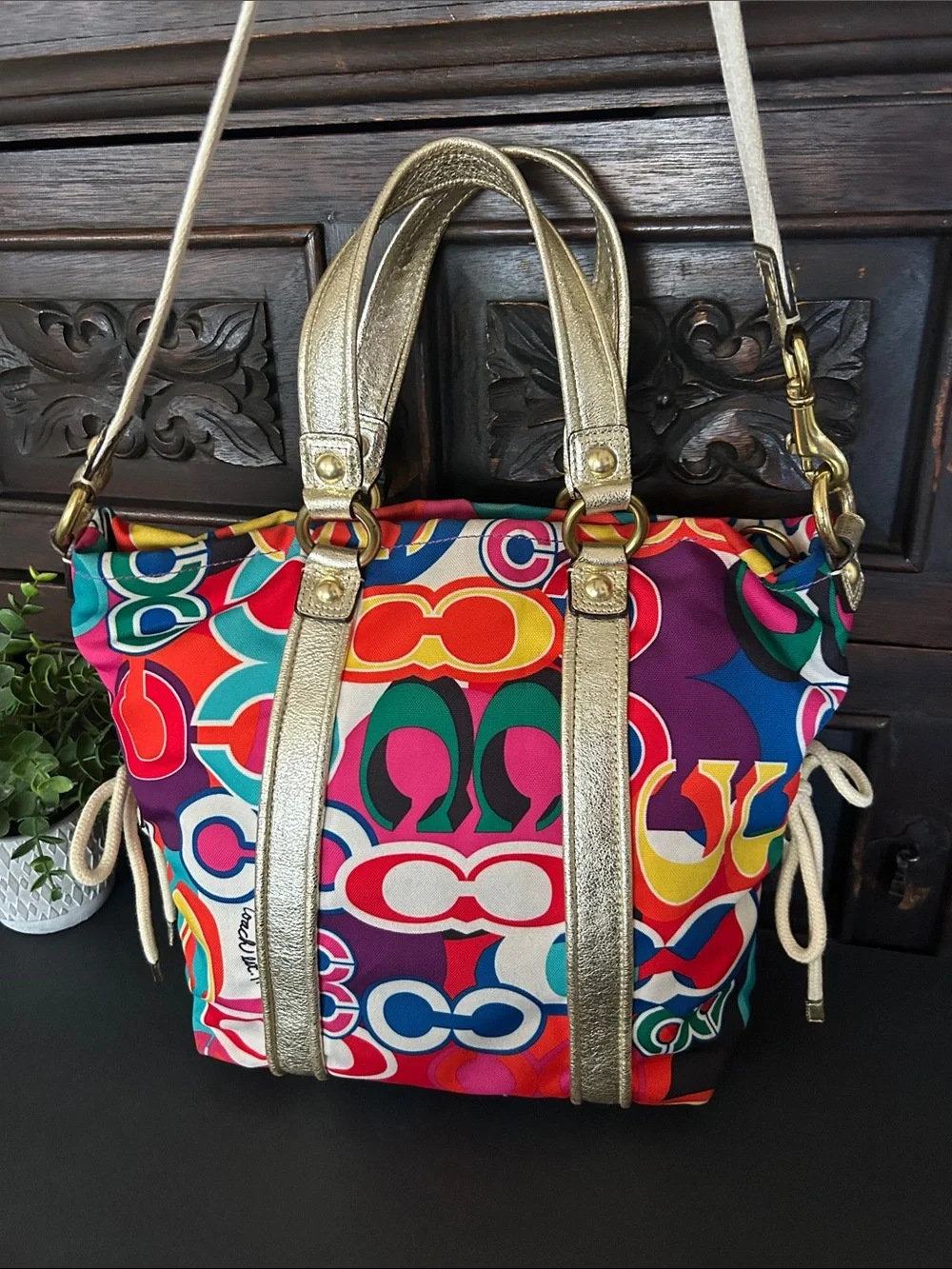 Coach Multicolor Signature Circle Tote with Gold Trim